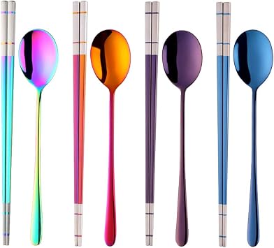 4 color Square Chopsticks and Spoons Set Metal Stainless Steel Spoons Chopsticks Set