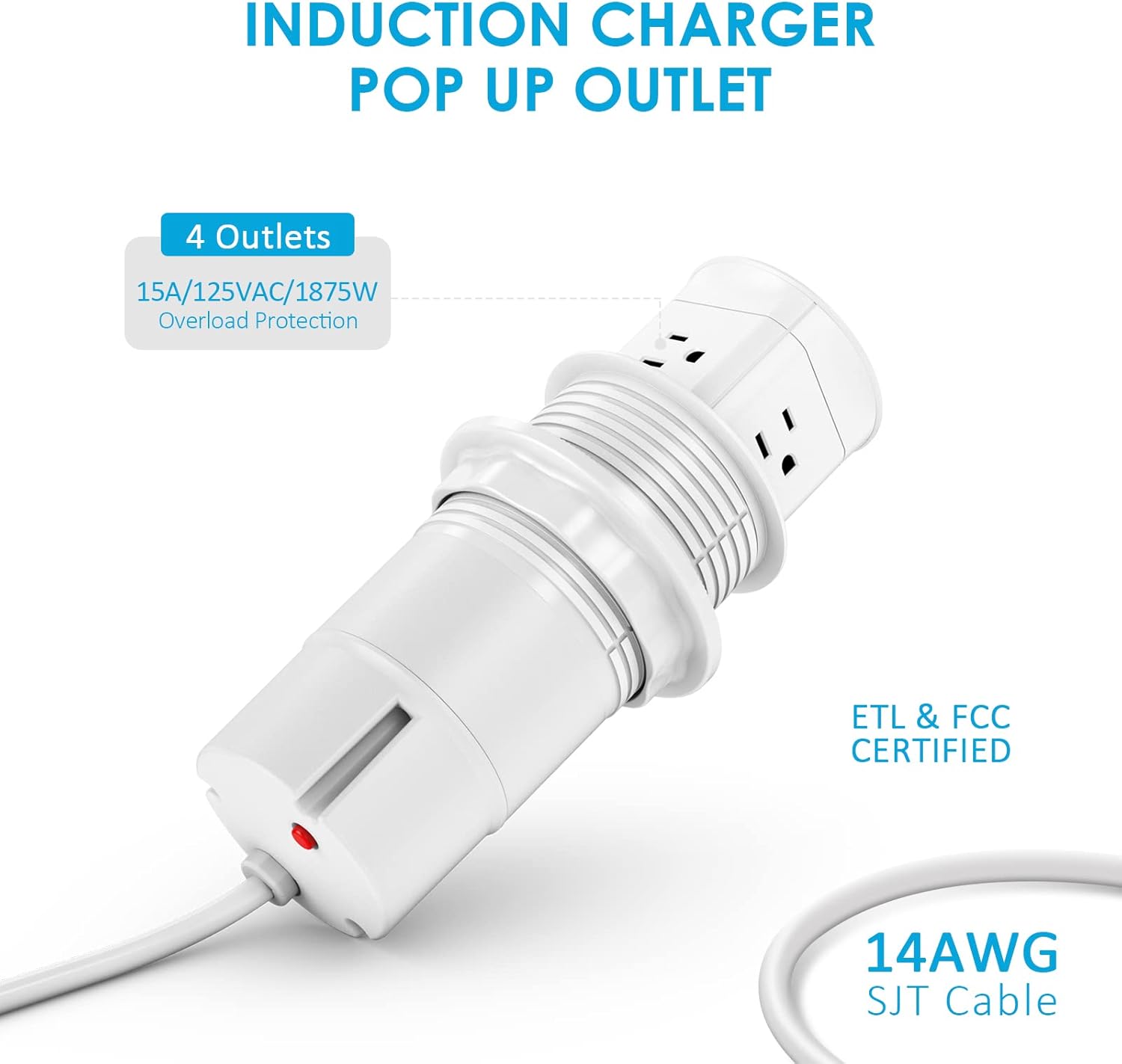 Jgstkcity Pop Up Outlet with 15W Wireless Charger,4 Outlets 15A, Splash Resistant,3 inch Desk Hole Power Grommet,Space Saver Outlet for Kitchen Countertop,Office Conference Table,ETL Listed