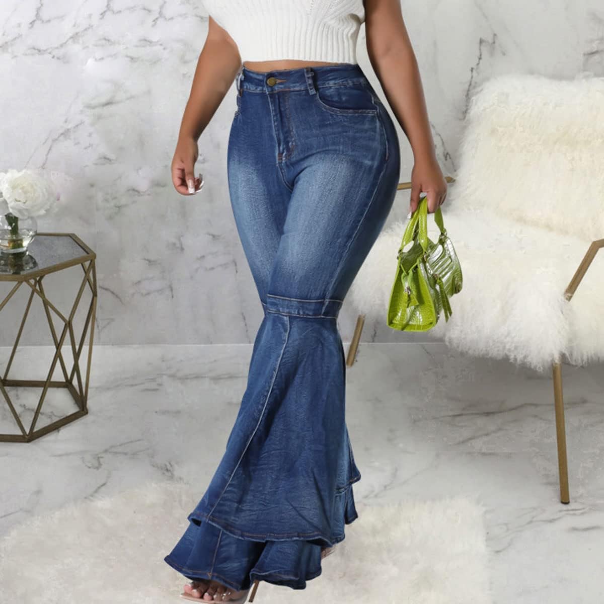 ThusFar Bell Bottom Jeans High Waisted Pleated Layered Ruffle Hem Flared Wide Leg Denim Pants 70s Outfits for Women - Image 2