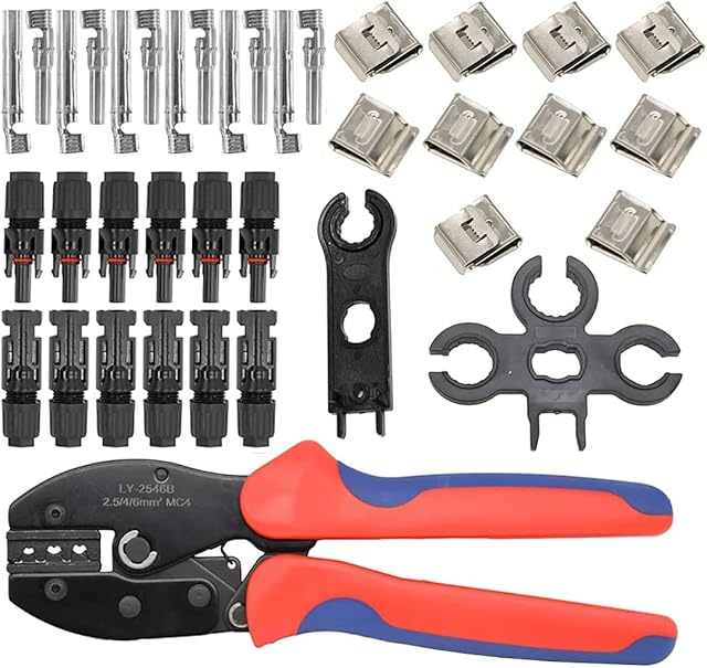 Solar Crimper Tool Kit, Solar Panel Cable Wire Connector with 1 MC4 Crimper Tool, 6 Pair Male Female MC4 Connectors, 10pc Wire Clip, 2pc Spanner Wrench for 2.5-6.0mm², 26-10 AWG Solar Panel Wiring Kit