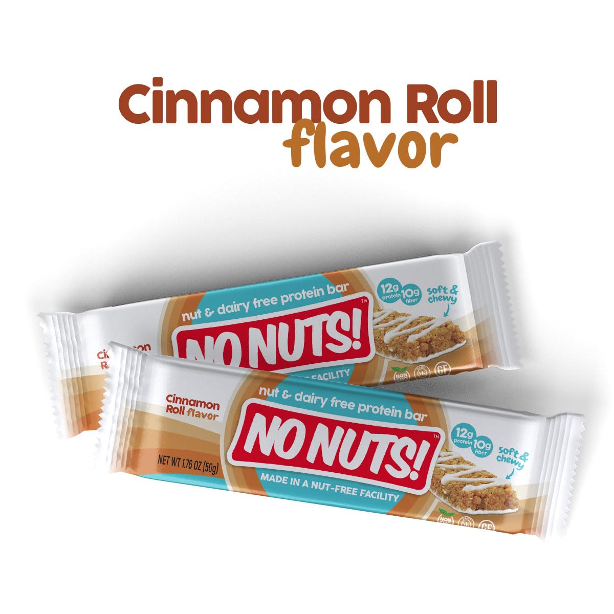 No Nuts! Cinnamon Roll Flavor Snack Bars - 100% Nut-Free Dairy Free Vegan Protein Bars, Organic, Kosher, Egg-Free, Non-GMO, 12g Protein, 10g Fiber, 12 Count