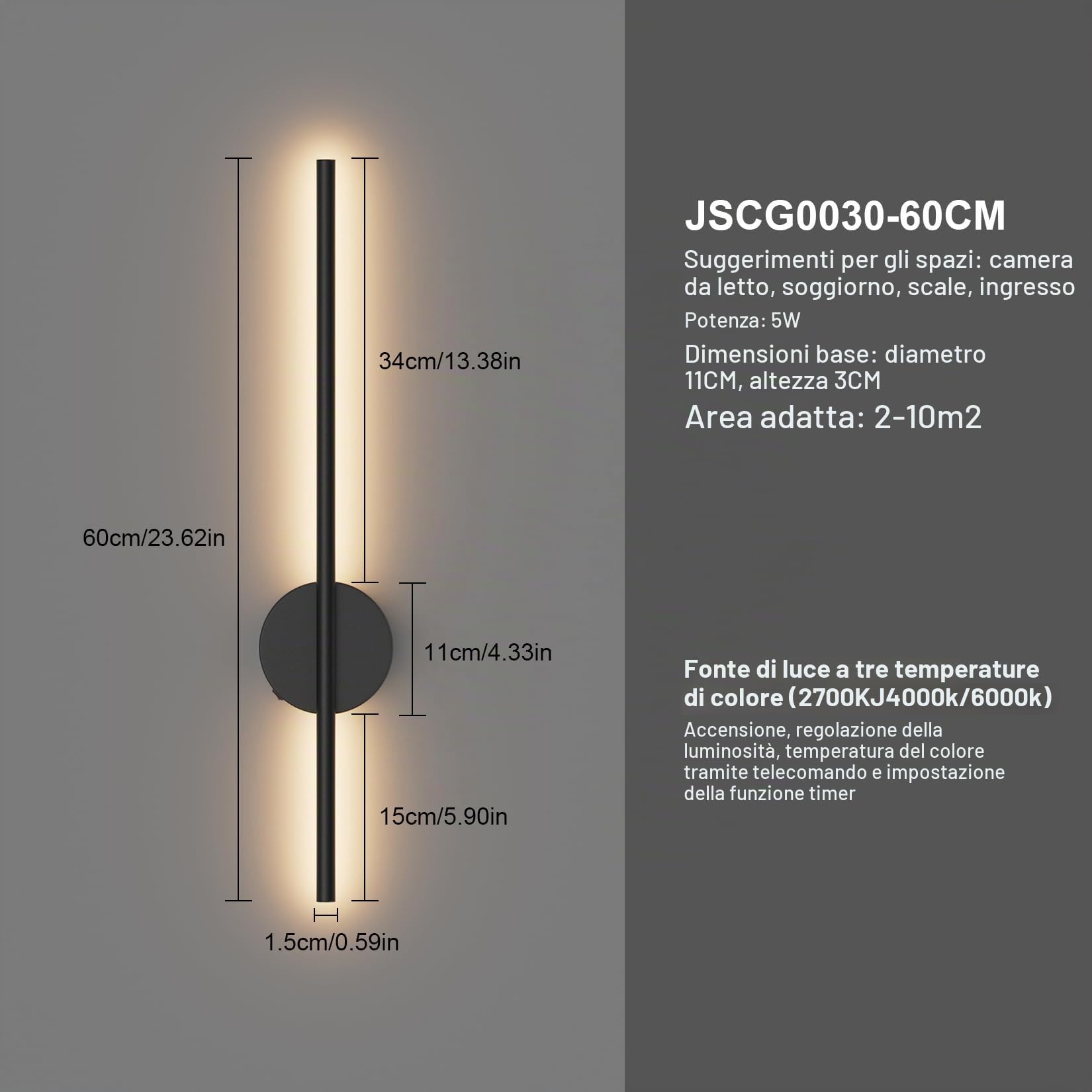 Aipsun 2pcs lampada da parete ricaricabile con telecomando per interni, 10000mAh - 60CM Nero 5W 360°lampada da soggiorno ruotabile con Temporizzazione e regolazione, 3000K-6000K, per camera da letto