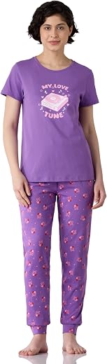 Amazon Brand - Symbol Women's Cotton T-Shirt and Jogger Night Suit | Two Piece Set| Regular Fit (Available in Plus Sizes)