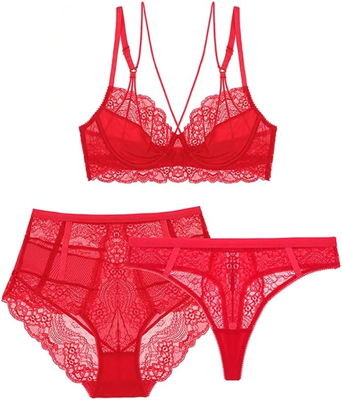 Unlined 3/4 Cup Underwear Floral Lace 3 Pcs Bras+high-waist Panties+thongs for Ladies