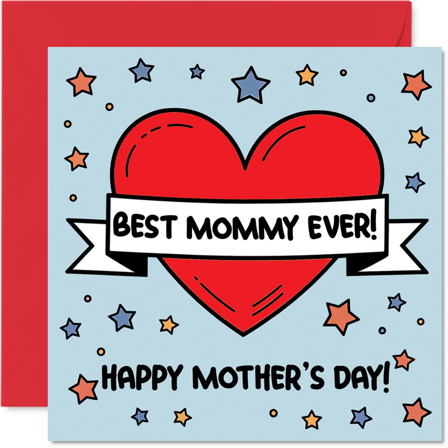 Sweet Mother's Day Card for Mommy - Vibrant Love Burst - Red Heart with Playful Stars in Cheerful Colours - 145mm Square, Envelope Included