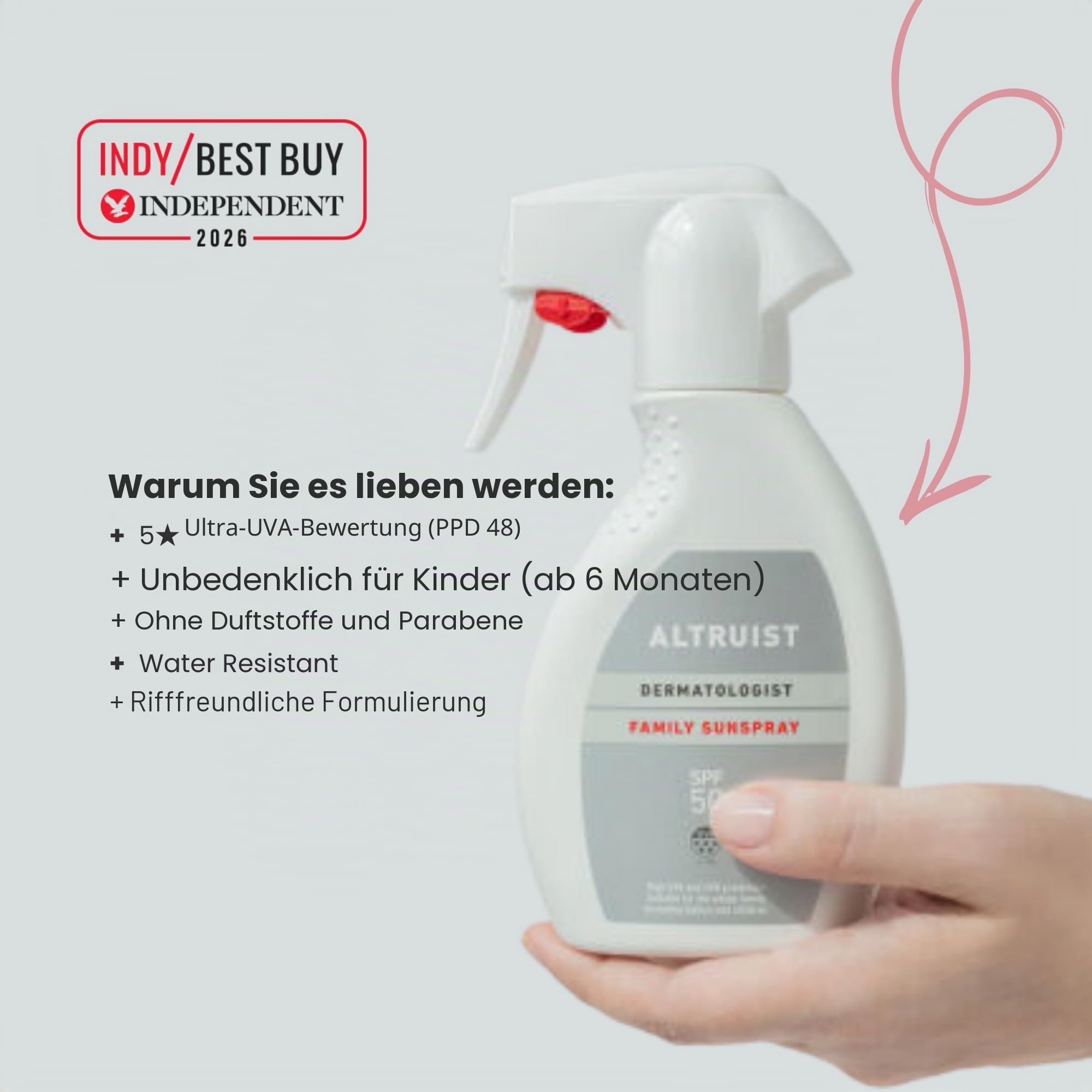 Altruist Family Sonnenspray LSF 50, 5-Sterne-UVA-PPD 48, parfümfrei, parabenfrei, wasserbeständiger Sonnenschutz für Babys (ab 6 Monaten), Kinder und Erwachsene, 250 ml Spray