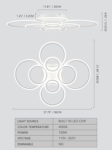 Miniatura 4 de Vikaey Lámpara de techo moderna, 8 anillos LED de montaje empotrado, accesorios de iluminación de techo blancos, lámpara cercana a techo para sala