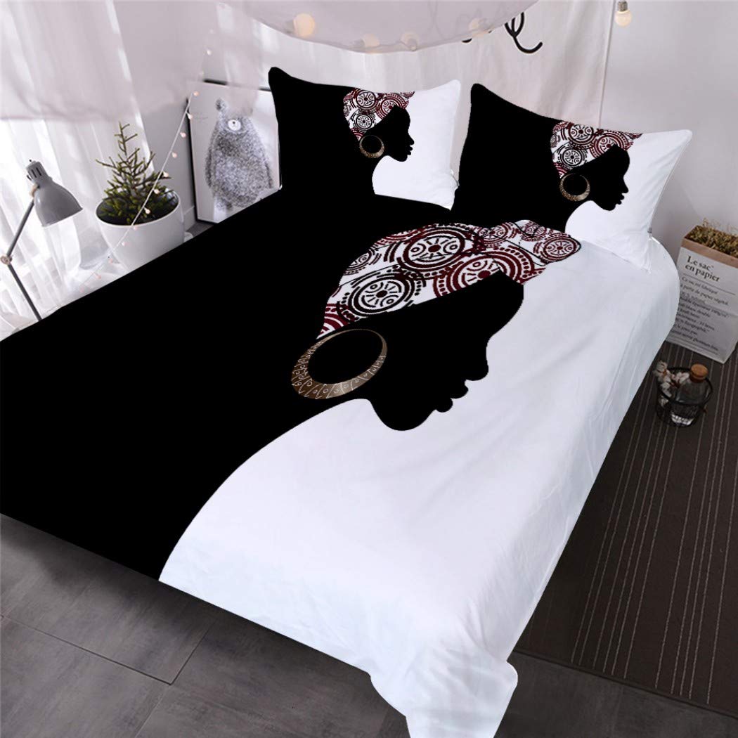 MOUMOUHOME Black White Bedding Set King Size 3D Print African American Girl with Metal Earrings Comforter Cover Set African Woman 3 Pieces 1 Duvet Cover 2 Pillowcase