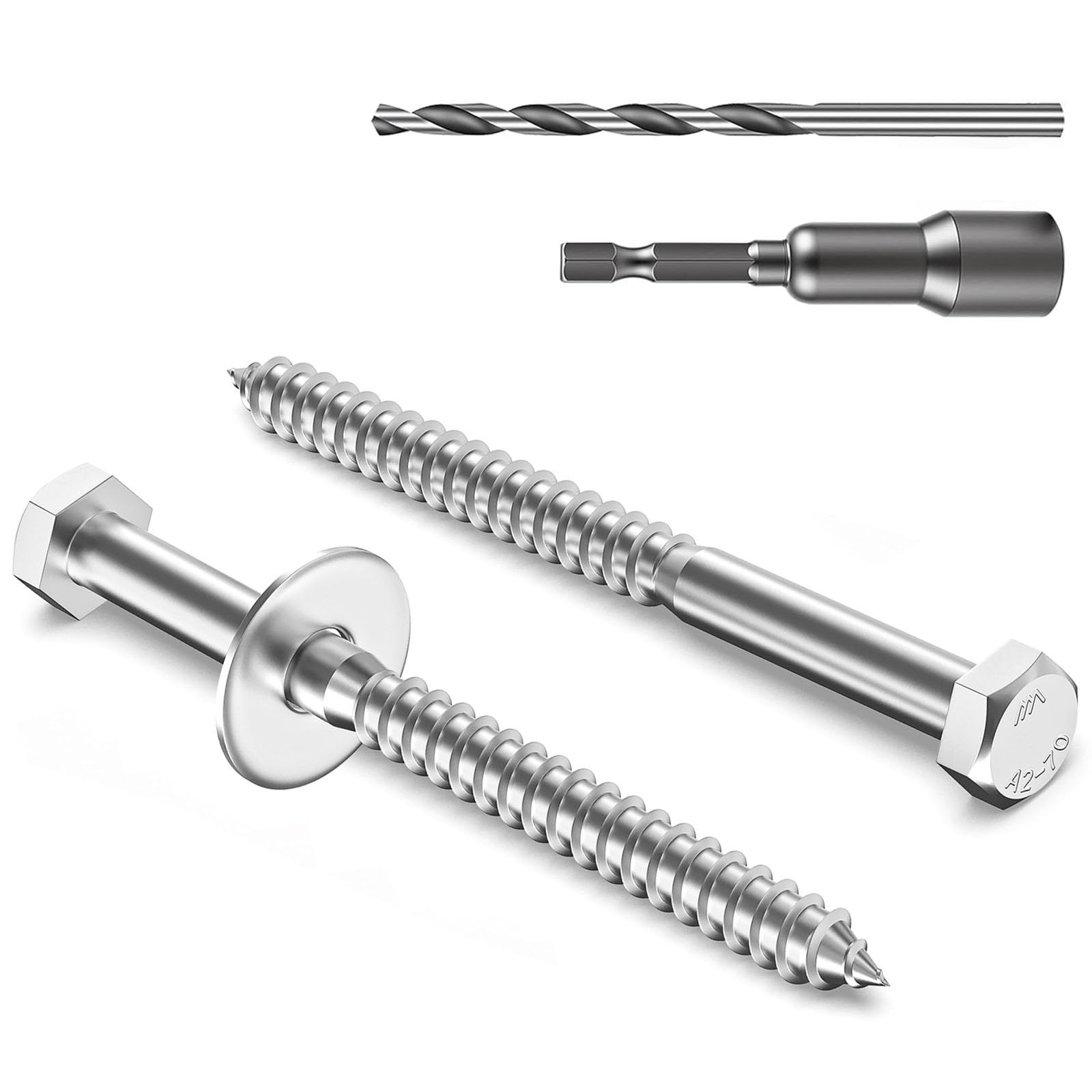 Zynthor 8Pcs M8 x 100mm Coach Screws, 304 Stainless Steel Hex Head Wood Screws with Washers, Magnetic Hex Socket and Drill Bit, Heavy Duty Lag Bolts for Timber, Decking, Fencing and Outdoor Fixing