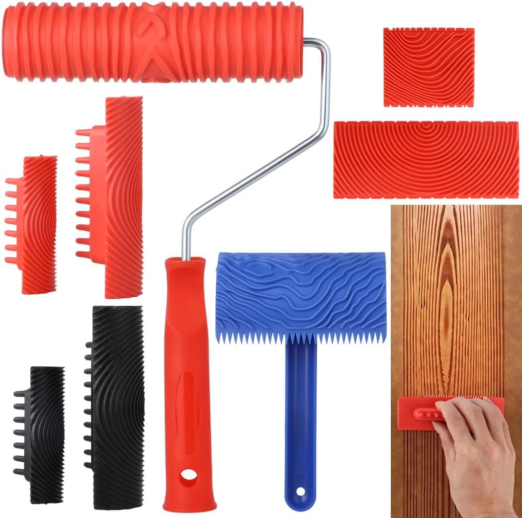 8-Piece Wood Grain Painting Set With Handle, Rubber Roller & Graining Tools For Wall And Furniture Decoration