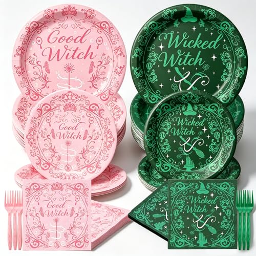 96PCS Witch Plates Napkins Pink Green Wicked Witch Party Paper Plates Wizard Supplies Magical Birthday Disposable Tableware Good & Wicked Witch Napkins Halloween Table Decor Wizard Bachelorette for 24