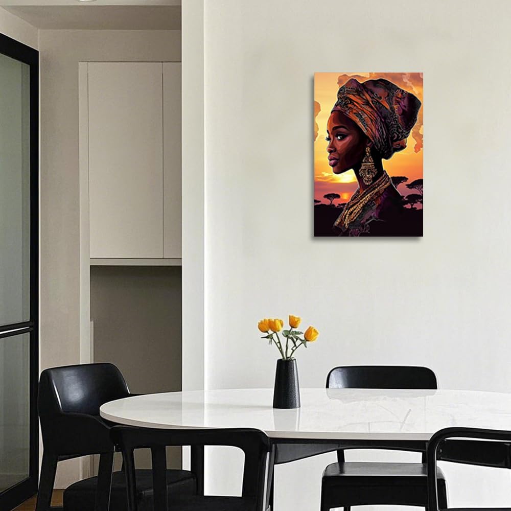 CGXLB African American Canvas Wall Art Black Woman Picture Africa Sunset Artwork Boho Poster for Living Room Bathroom Decor 12"x18"