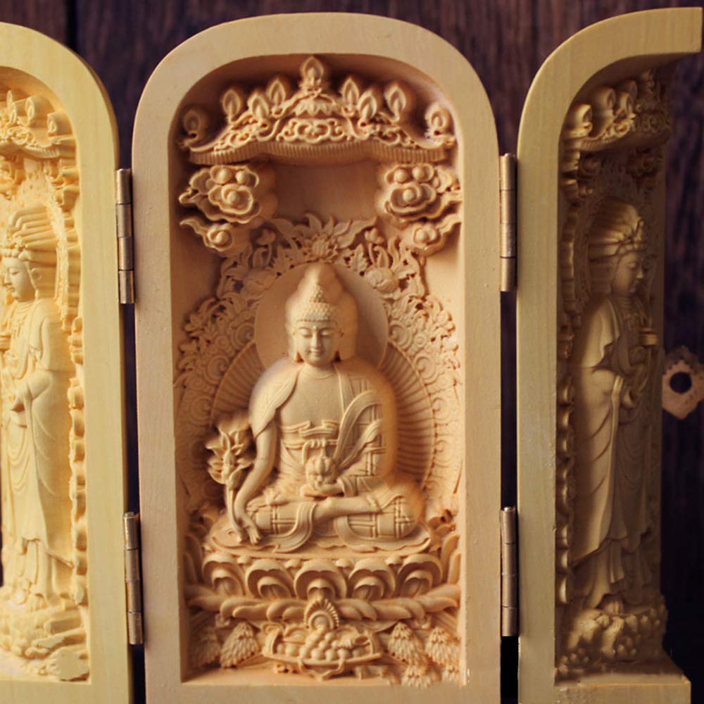 Amazon｜【仏像】 柘植木彫り 置物 三開仏 薬師三尊 【日光菩薩・薬師 