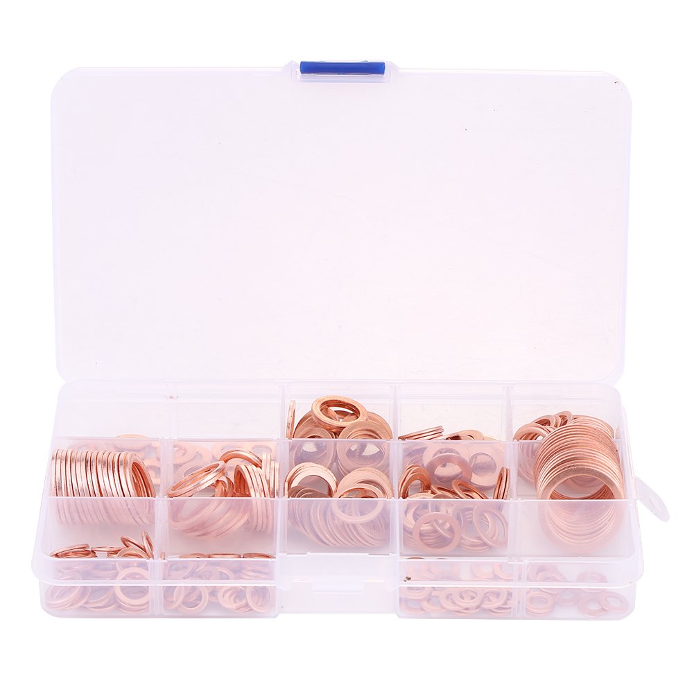 Copper Washer Assortment Set, 280pcs 12 Sizes Assorted Solid Copper Crush Washers Seal Flat Rings Kit Hardware Flat Rings Metric Washers Set W/Storage Box, Gold