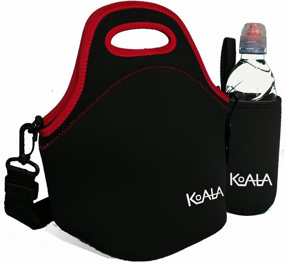 Cute Insulated Lunch Bag For Women/Lunch bag for Men/Lunch box for Kids .Neoprene Lunch Bag,Tote Bag and Bottle Sleeve Set. Black and Red.Shoulders Straps and Smooth Zipper. Fit Most Lunch Containers.