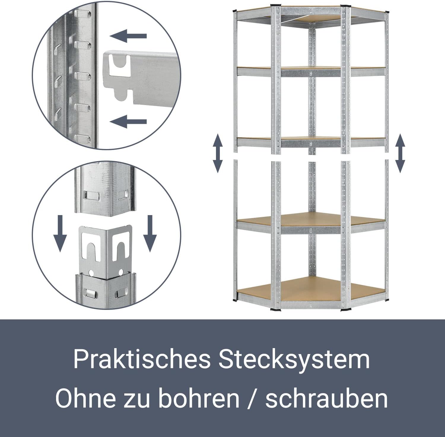 Image showing a section of the shelving unit with an arrow indicating adjustable shelf height, and a close-up of the interlocking mechanism for height adjustment.