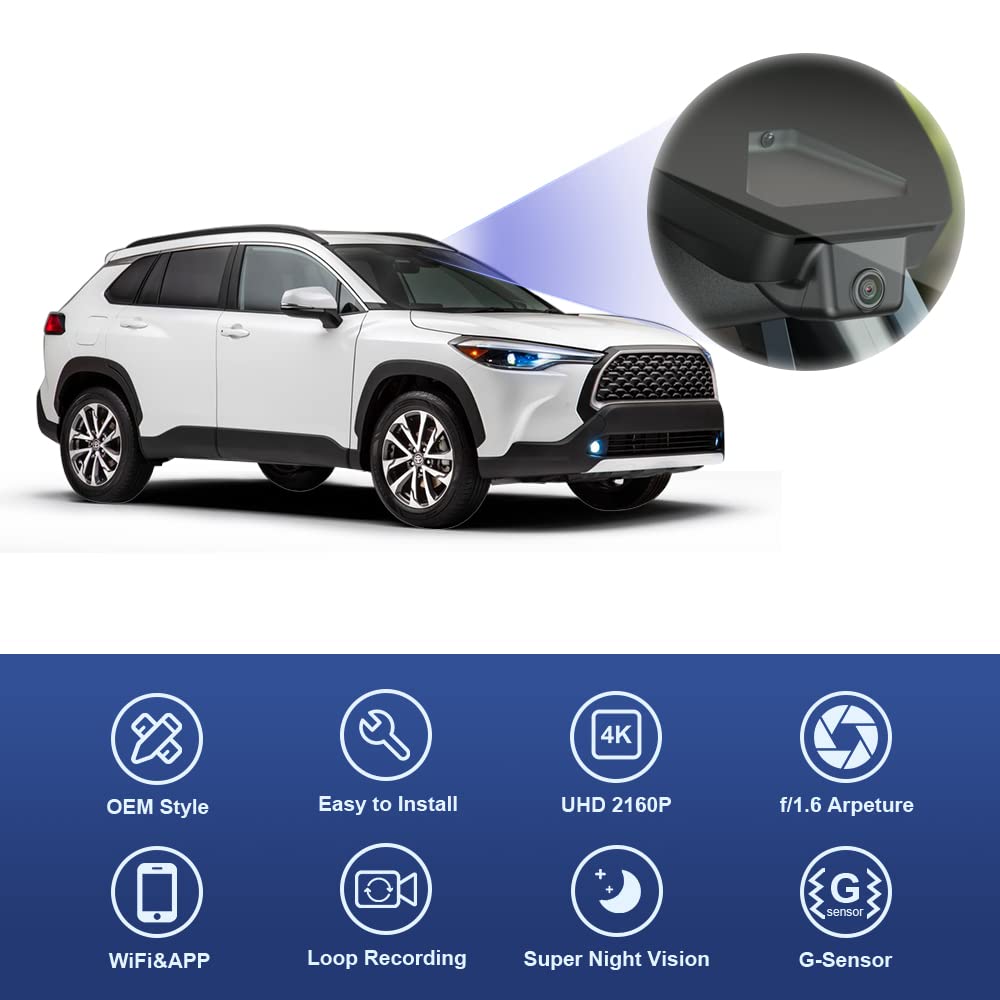Fitcamx Dashcam 4K Odpowiedni dla Toyota Corolla Cross 2023-2026 (HD2-16030), 2160P Kamera samochodowa UHD Video, WiFi&APP, OEM Akcesoria Toyota, G Sensor, Nagrywanie pętli, WDR, Karta 64GB
