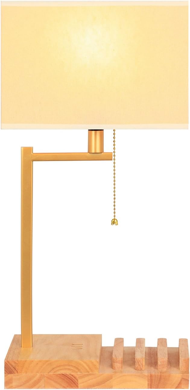 HOMPEN Table Lamp, Natural Wood Base Desk Lamp with Cream Shade,3 USB Ports Phone Charging Station, Wood Charge Dock