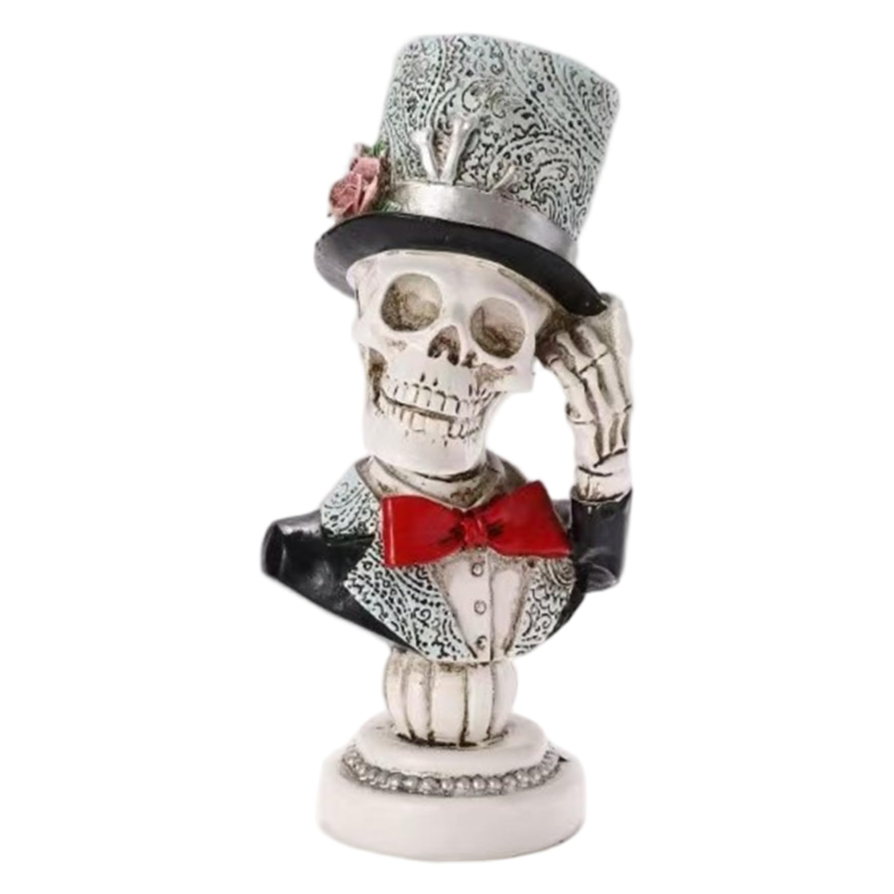Busto de esqueleto de 23 cm de resina con sombrero de copa y vestido formal