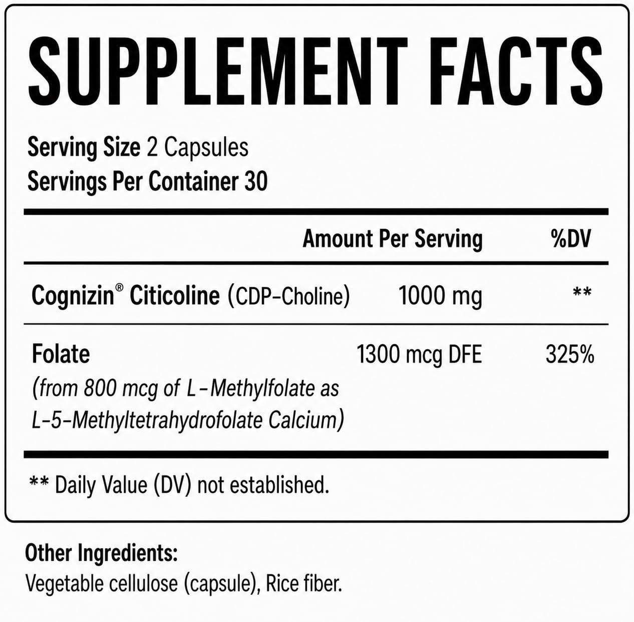 Teaveli Cognizin Citicoline- 1000mg CDP Choline Capsules with L-Methylfolate Folate- Clinically Studied Brain Supplement for Clarity, Concentration and Memory - Most Bioavailable Choline - 60 Capsules — Amazon image 2
