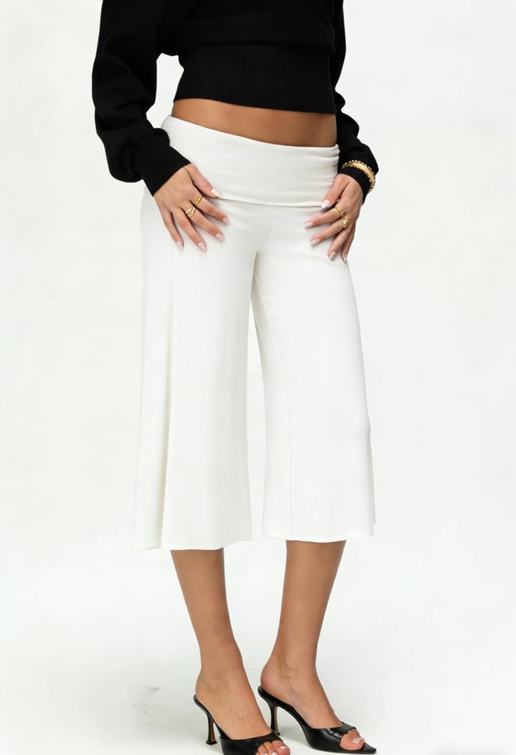 DSORVICD Gaucho Pants for Women Low Rise Fold Over Capris Wide Leg Flared Flowy Cropped Pants Streetwear