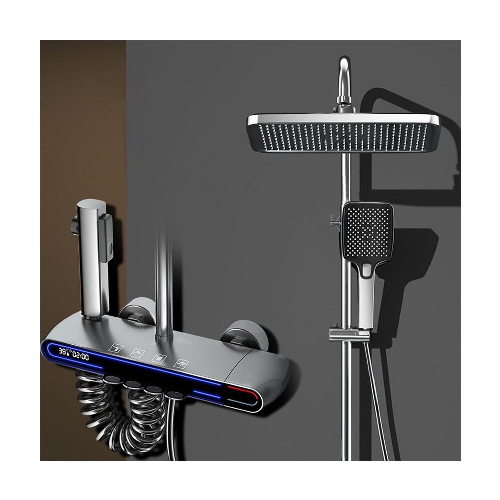 Sistema Doccia termostatico con Display Digitale della Temperatura, Set Rubinetto, soffione a Pioggia Portatile, doccetta per Bidet e Rubinetto per Vasca, Accessori da Parete per v