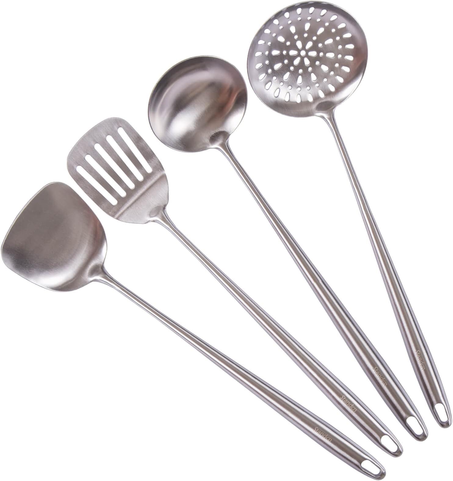 17inch Wok Spatula and Ladle, Skimmer Spoon, Slotted Spatula - 304 Stainless Steel Kitchen Utensils Set, 4-Pieces All Metal Extra Long Handle Cooking Tools, Chinese Wok Utensils and Wok Accessories