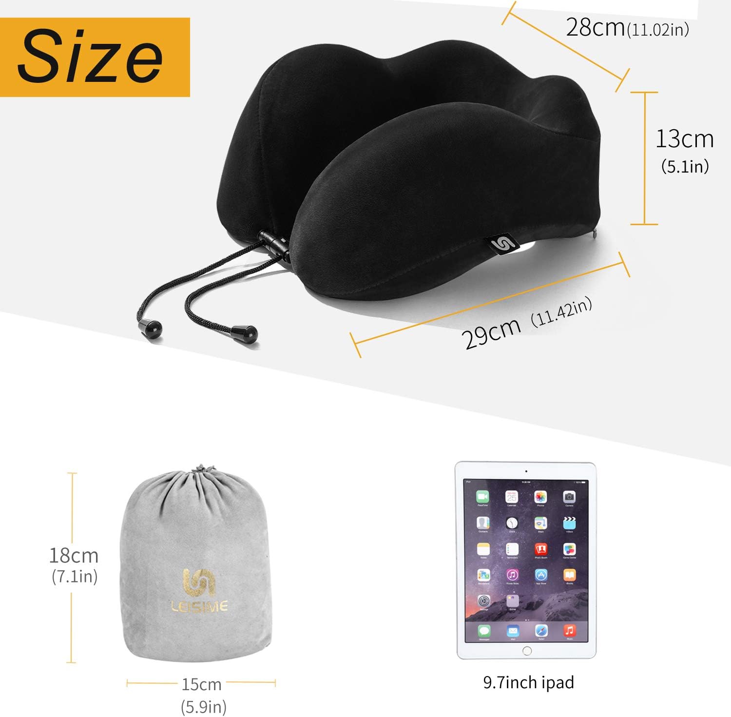 LEISIME Travel Pillow Memory Foam Neck Pillow Support - Comfortable & Breathable Cover - Machine Washable, Airplane Pillow Kit with 3D Sleep Mask, Earplugs, and Luxury Bag ( Black )