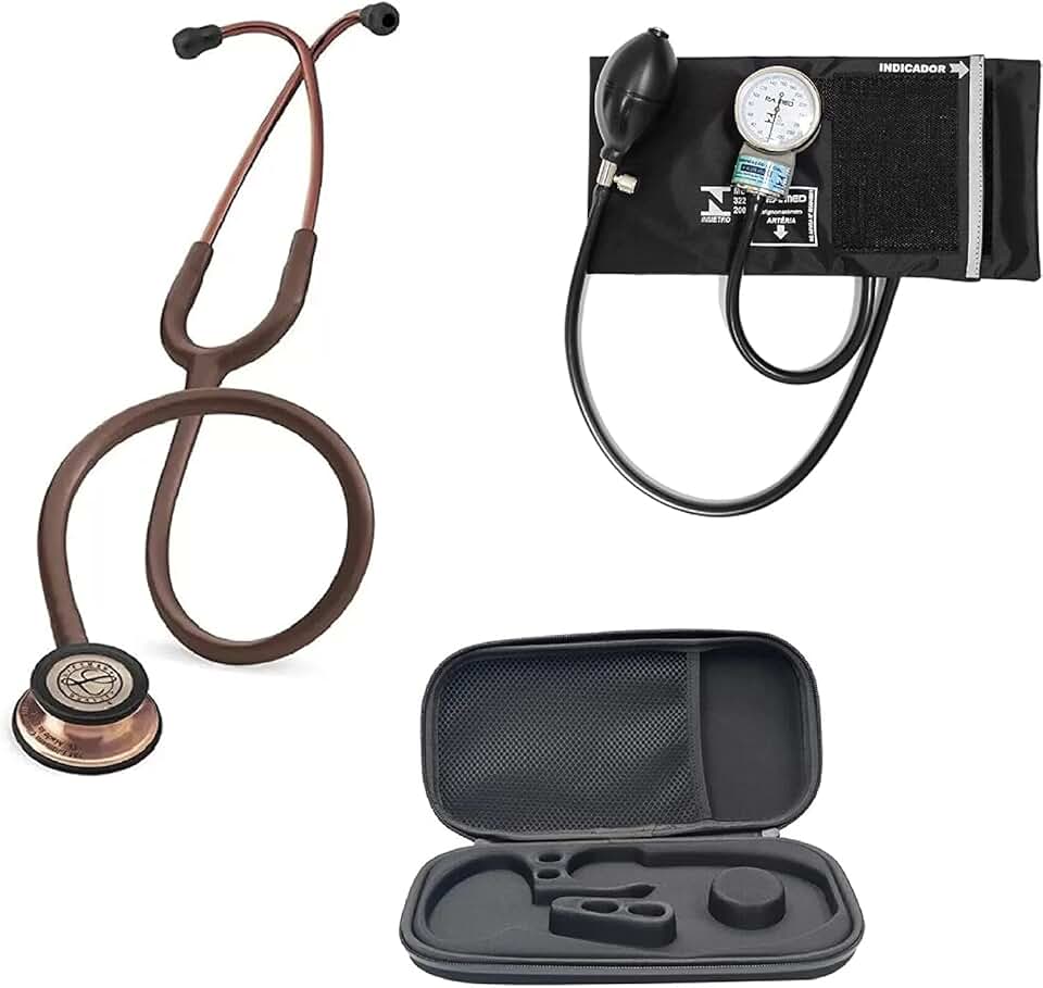 Combo Estetoscópio 3M Classic III Chocolate Cobre 5809 Littmann, Esfigmomanômetro + Case
