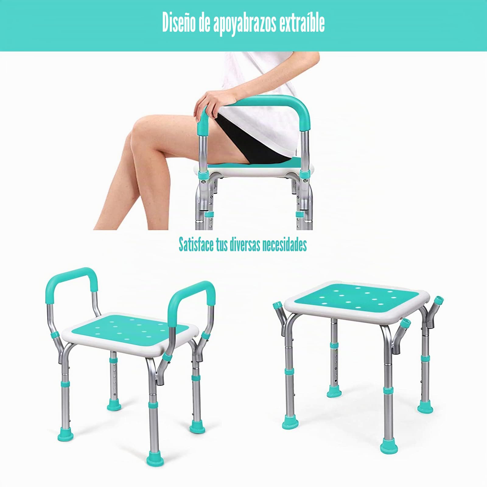 Sgabello per Doccia, con Braccioli Panca Da Doccia Regolabile Da 6 Altezza Sedia con Telaio Largo Piedini In Gomma Antiscivolo Carico MAX 150kg - Ausilio Supporto per Anziani