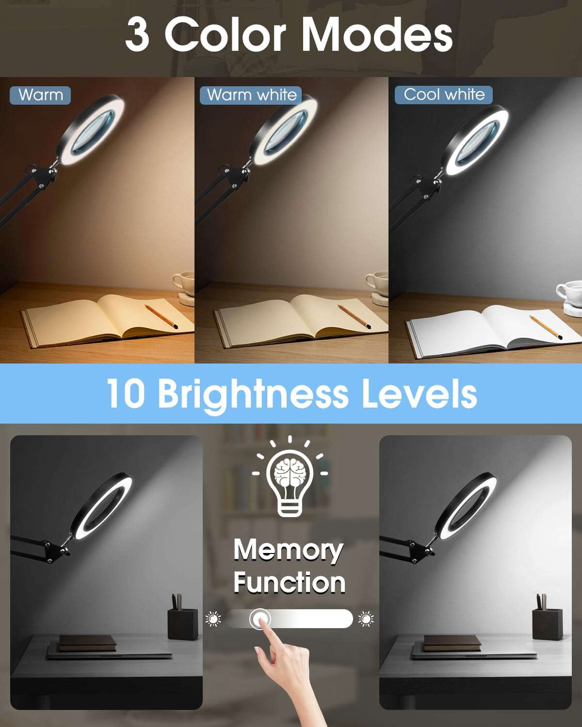 Honagu 5X Magnifying Glass with Light and Clamp, Adjustable LED Desk Lamp, 3 Color Modes Lighted, Magnifying Glass for Reading, Painting, Close Work, Repair, Crafts, Soldering, Manicure, Beauty(Black)