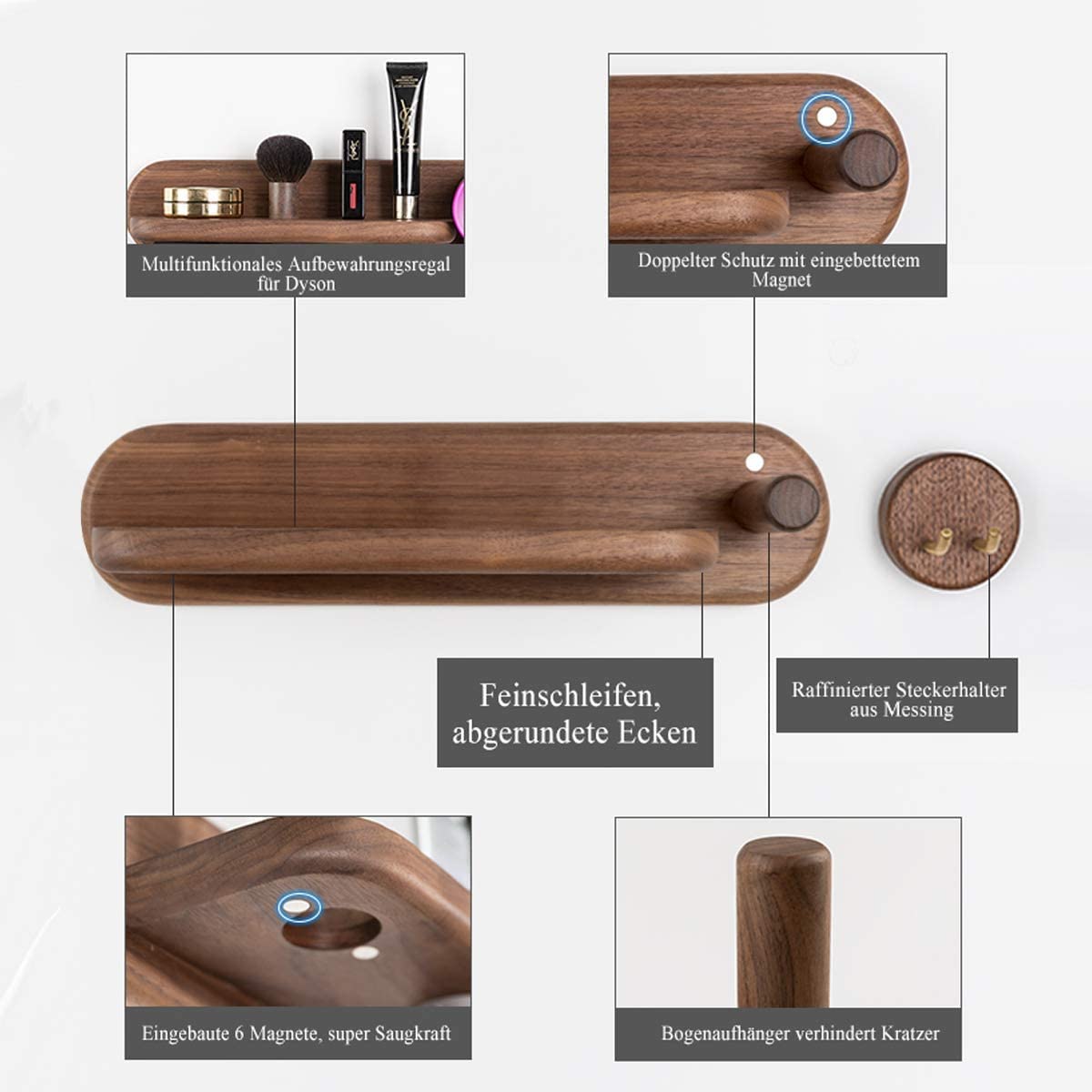 Impermeabile Supporto Per Asciugacapelli Appendini Magnetici Supporto A Parete Per Asciugacapelli Per Dyson Supersonic, Diffusore E Ugelli Doppi, Supporto Presa Cavo (L, Legno di Noce)