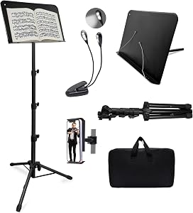 70" Sheet Music Stand with Light and Phone Holder, Music Stand for Sheet Music High Stability, Height Adjustable Portable Music Sheet Stand with Carrying Bag(33-70inch,Plate without hole)