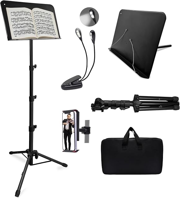 70" Support de partition avec support de lumière et de téléphone, Support de musique pour partition haute stabilité, réglable en hauteur Support de feuille de musique portable avec sac de transport(33-70inch,Plaque sans trou)