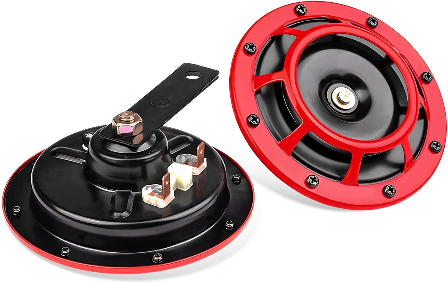 2 PCS Super Tone Car Horn Kit, 12V High Tone and Low Tone Twin Horn Kit with Protective Grill, Super Loud Metal Horns with Bracket for Cars Trucks SUVs Motorcycles (Red)