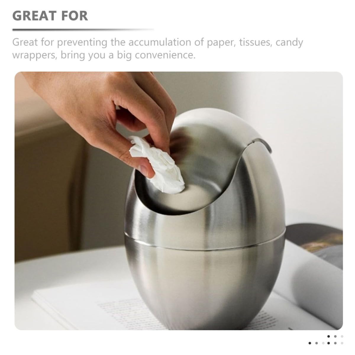 STAHAD Stainless Steel Trash Can Egg-Shaped with Lid, Desk and Bathroom Wastebasket, Metal Table Trash Basket for Home Storage and Organization