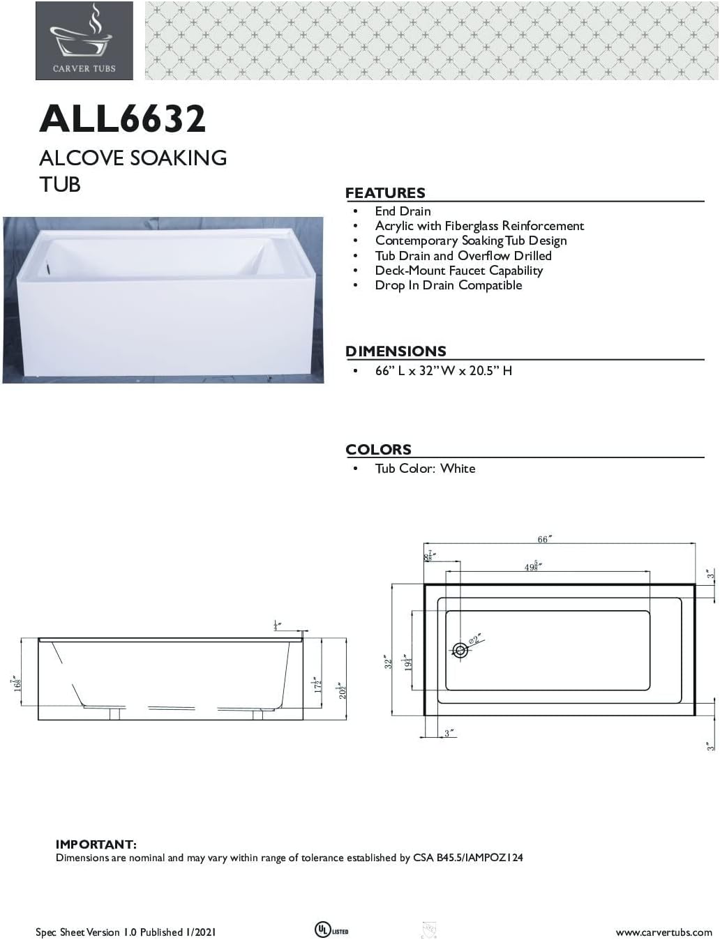 Carver Tubs - ALL6632 - Modern White Fiberglass Alcove Soaking Rectangle Bathtub for Bathrooms - White Acrylic Tub w/Left Chrome Drain - Deep Relaxing Soak - 66” L x 32” W x 20.5” H