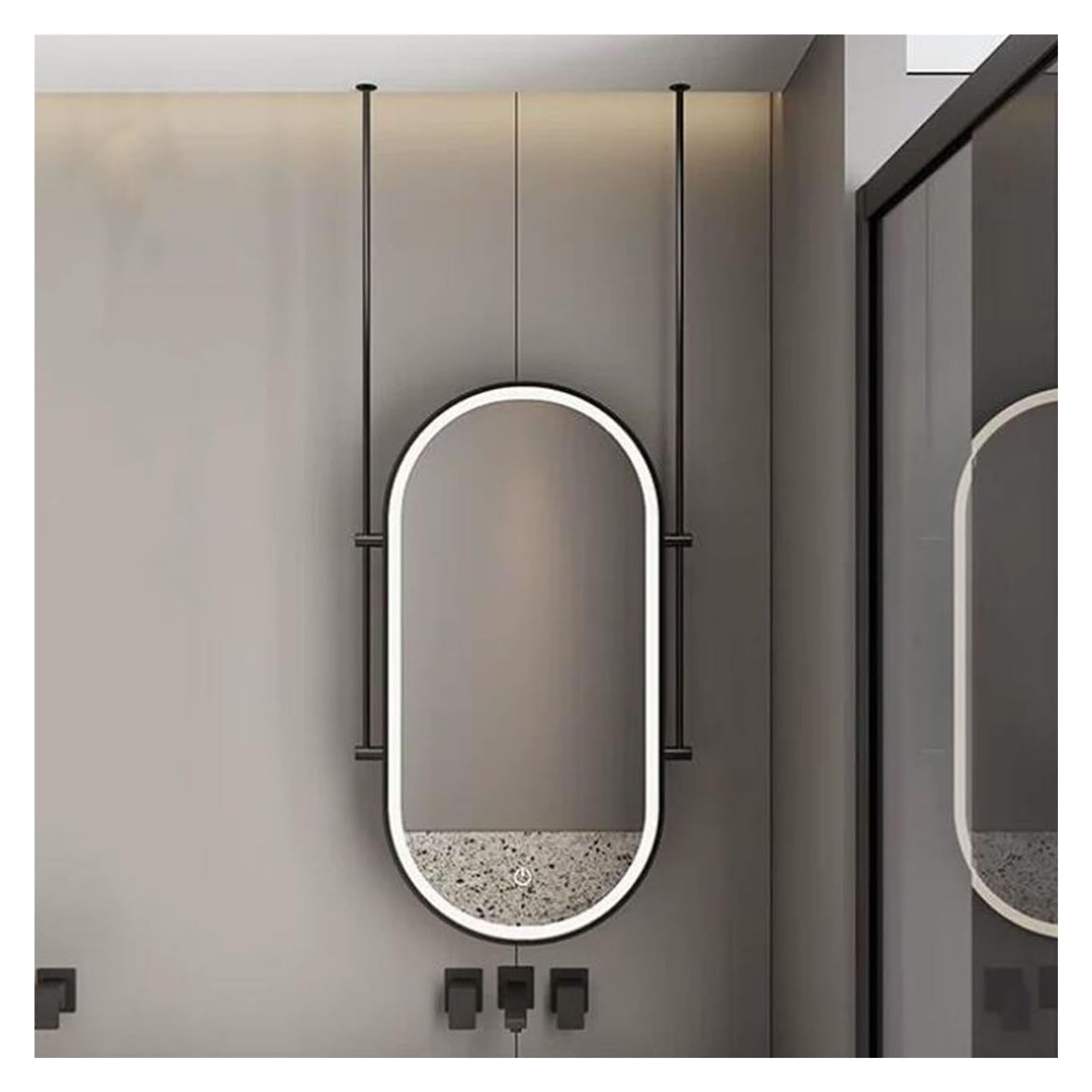 Miroir ovale suspendu au plafond LED éclairage réglable déco noire vestiaire