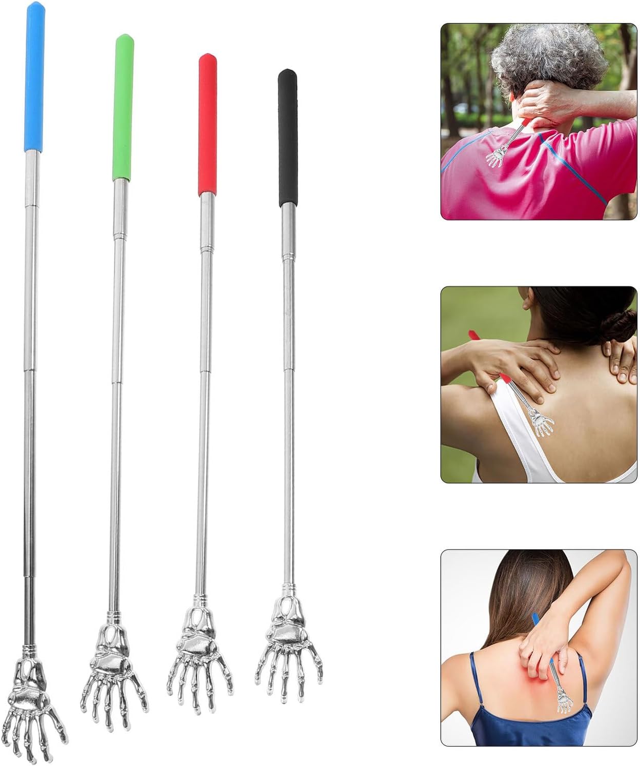 4pcs Telescopic Back Scratchers with Rubber Handles Extendable Stainless Steel Wide Back Scratchers for Use Portable Itch Relief Massagers in Multiple Colors