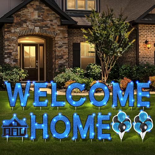Yerliker 14 Pcs Welcome Home Yard Sign with Stakes LED Light 12.6 Welcome Home Lawn Sign Outdoor Yard Letters Decorations Patriotic Military Homecoming Party Supplies(Blue)