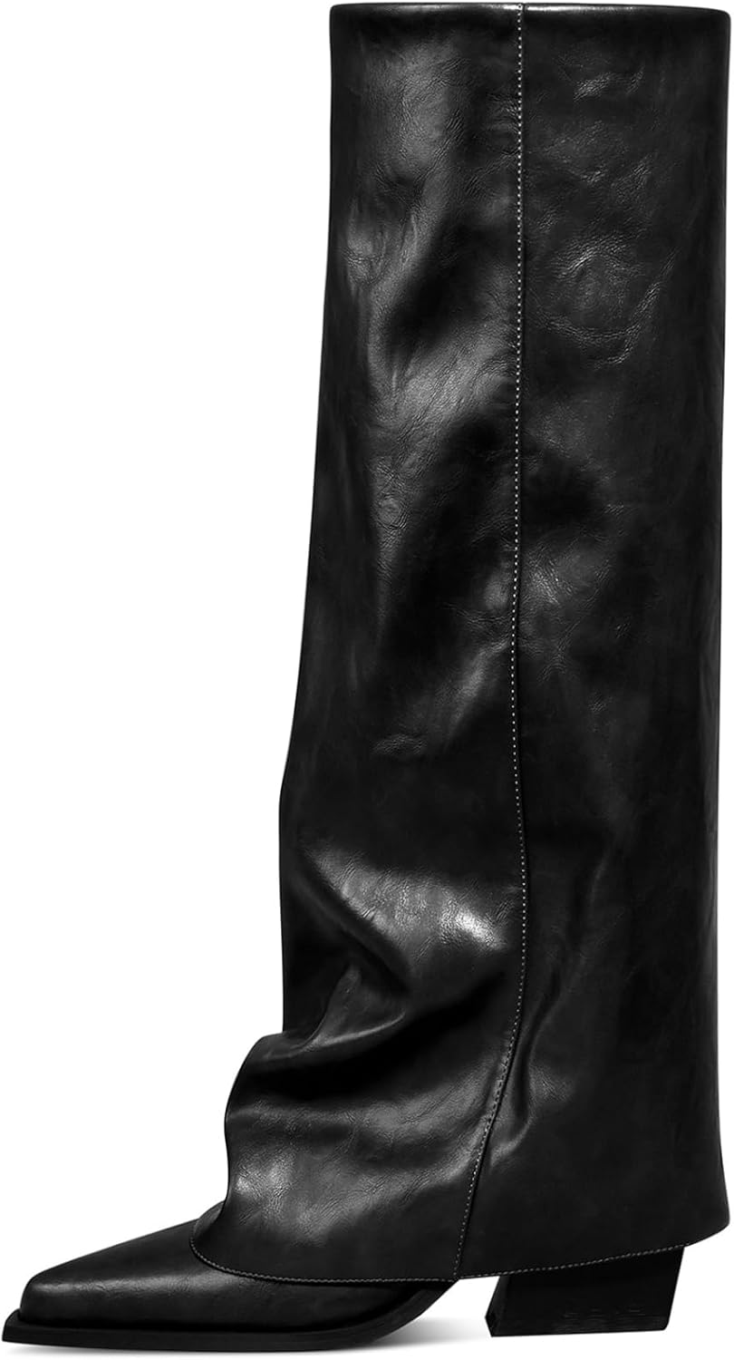 Women's Fold Over Knee High Boots Wide Calf Chunky Heel Long Boots Women Pointed Toe Dress Tall Boots for Women Slouchy Shark Boots - Image 8