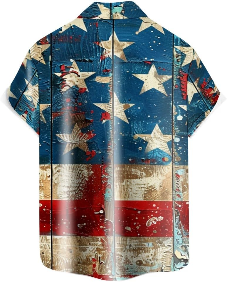 Retro Regular Fit Beach Shirts for Men Independence Day Short-Sleeved Casual Button Up Hawaiian Shirt