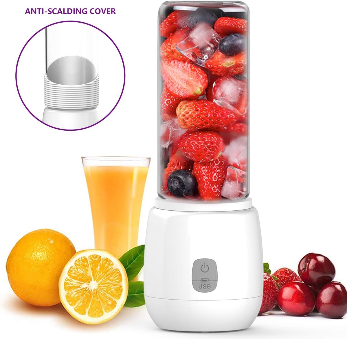 keiyallon USB Juicer 6 Blades Smoothie, Mini Portable Rechargeable, 4400 mAh Electric Juice Cup with Silicone Case, Personal Blender for Traveling, Outdoor, Sports and Home, Glass