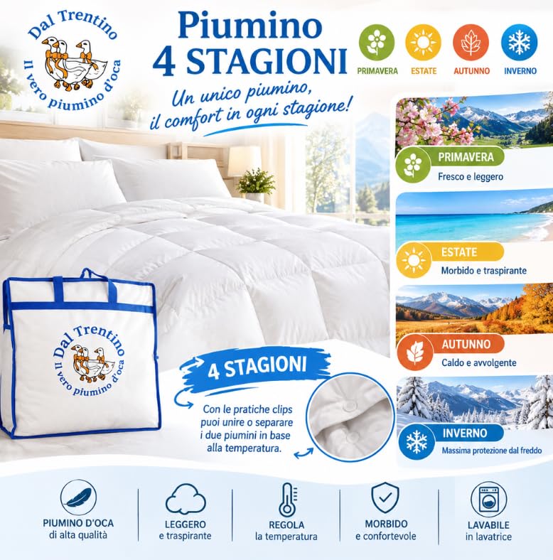 Tata Home Piumino 4 STAGIONI d'Oca Matrimoniale Dal Trentino Piumone Letto Caldo e Soffice Trapunta Annuale Imbottitura D'Oca Naturale Doppio Piumino Misura 250x200 cm Bianco