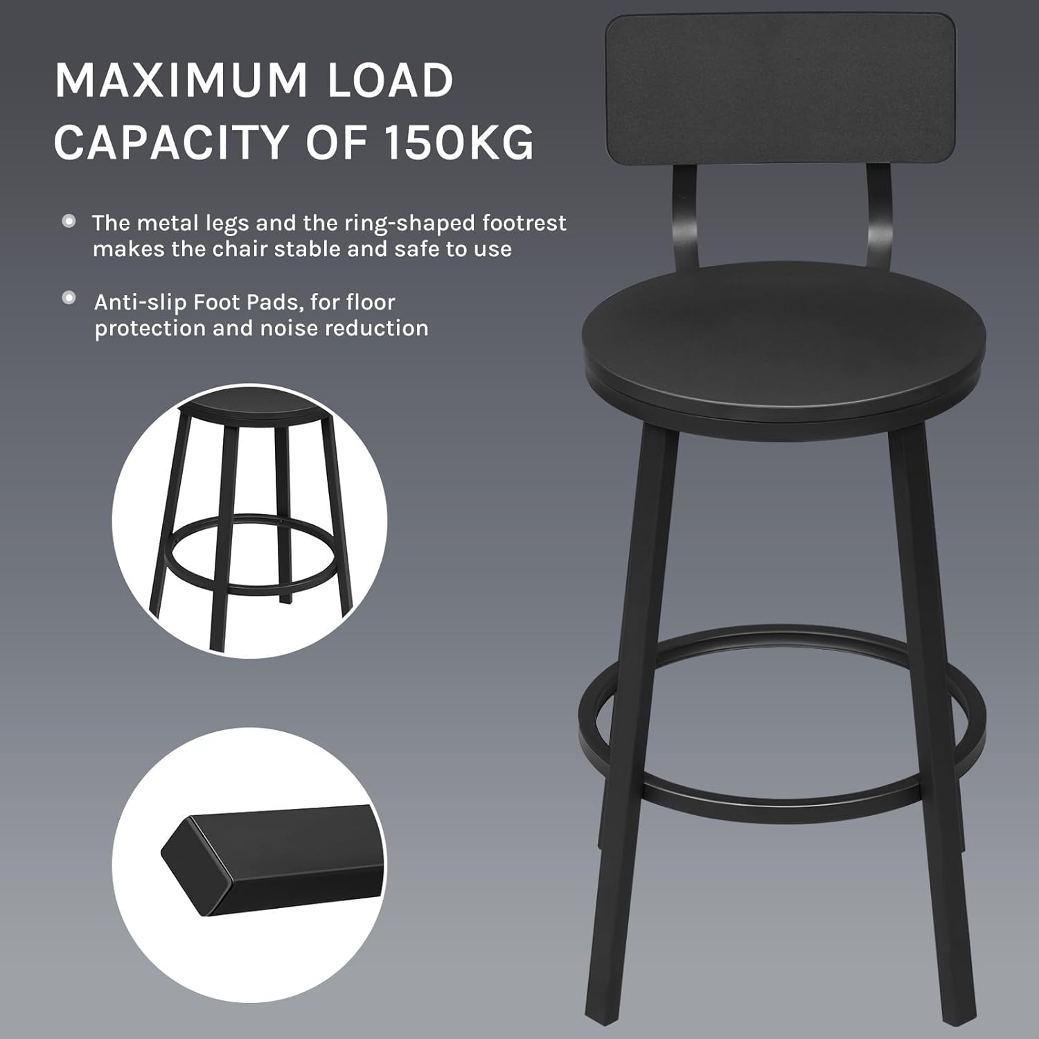 Image showing the maximum load capacity of 150kg for the WOLTU bar stool, with close-ups of the sturdy metal legs and anti-slip foot pads.