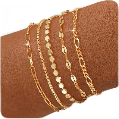 Gold Bracelets for Women, 14K Gold Plated Bracelet Stack Set Adjustable Charm Paperclip Chain Cuban Link Layered Waterproof Jewelry Sets Gifts for Women