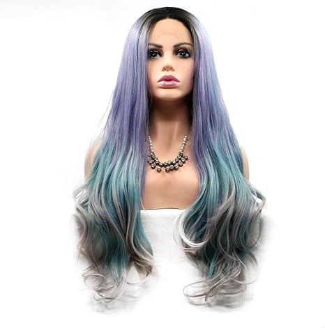 Amazon Co Jp ファッション ウィッグパープル ブルー グレーグラデーションウィッグ髪のセットでロングヘアカーリーヘアウィッグ レディース手作りのレースのヨーロッパとアメリカのウィッグセット ビューティー