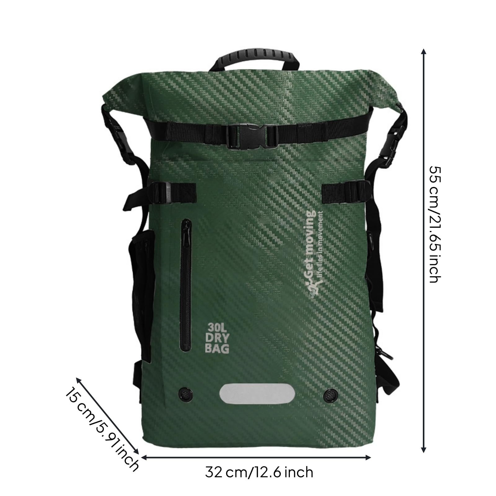 MERIGLARE Sac Étanche Roll-top Sac à Dos Étanche Sac de Sac de Randonnée en Tissu Carbone 30 L Imperméable avec Poches et Bretelles Réglables Adapté à Kayak, Array, Vert Foncé