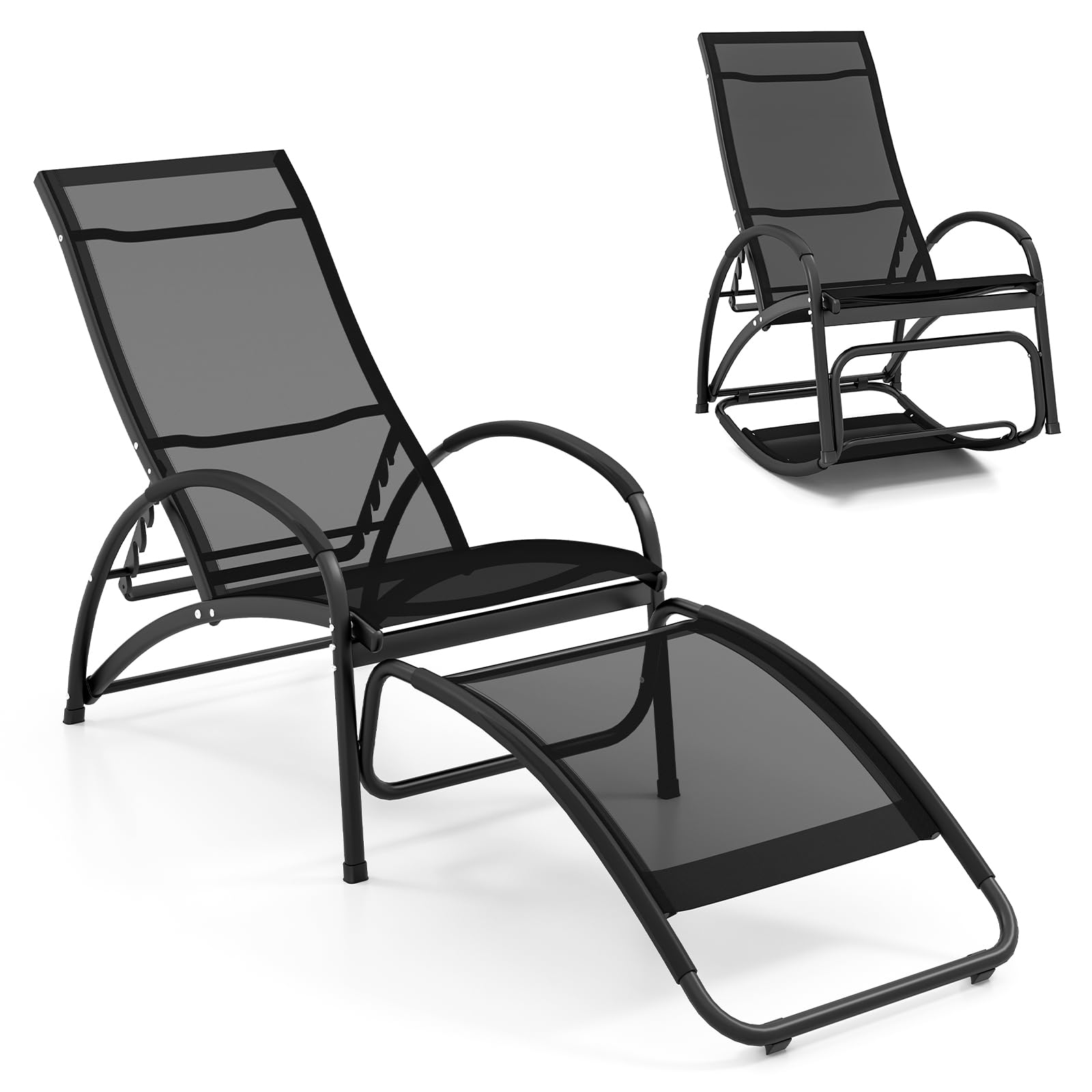COSTWAY Sedia a Dondolo 2 in 1 da Giardino, Lettino Prendisole Convertibile con Schienale Regolabile a 4 Posizioni, Braccioli Curvi e Telaio in Alluminio, per Patio e Piscina, Portata 150 kg (Nero)