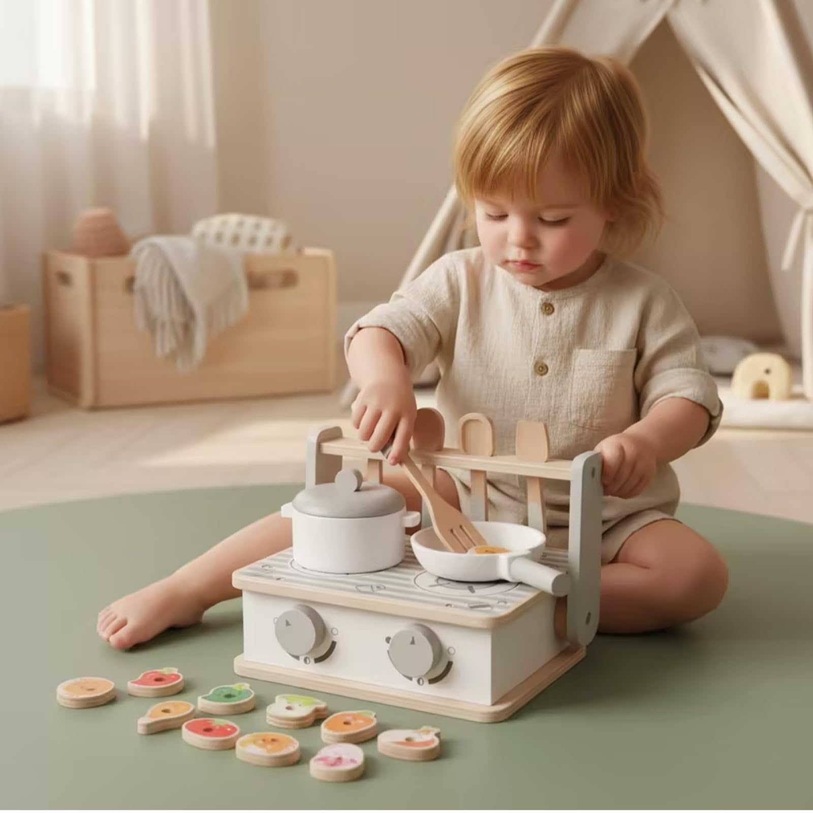 kowaku Cucina Giocattolo Bambini Mini in Legno Portatile Set Cucina Fornello Ripiano Utensili Inclusi con Portautensili a Ganci E Due Manopole Adatta per Gioco Creativo Cameretta Asilo Regali
